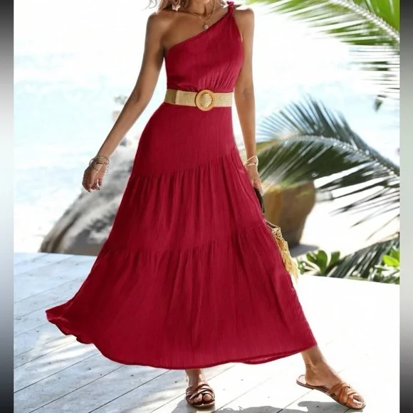 knee length dresses for ladies Lights On One-Shoulder Ruffle Hem Maxi Dress White main image 0